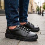 Pantofi sport barbatesti cu siret elastic din piele naturala negri intre 40 si 45