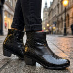 Botine dama cu toc gros din piele naturala croco negre intre 35 si 42