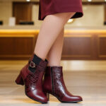 Botine dama elegante din piele naturala bordo vatuite cu toc aplicat intre 35 si 40