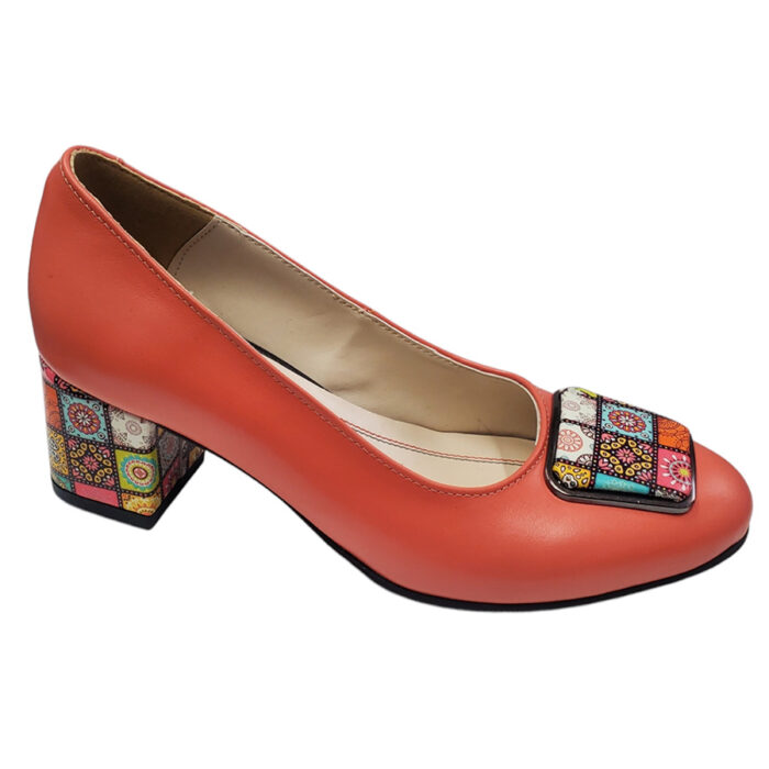 Pantofi dama din piele naturala corai eleganti cu toc aplicat si ornament marimi intre 35 si 40 - imagine 2