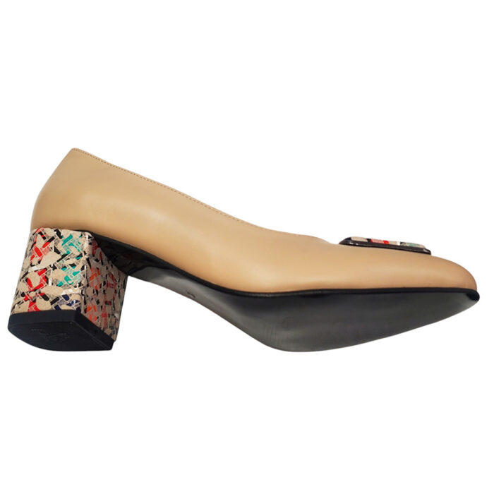 Pantofi dama din piele naturala bej eleganti cu toc aplicat si ornament marimi intre 35 si 40 - imagine 4