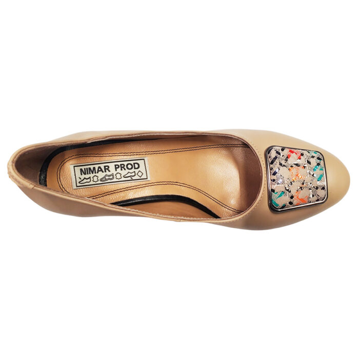 Pantofi dama din piele naturala bej eleganti cu toc aplicat si ornament marimi intre 35 si 40 - imagine 5