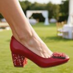 Pantofi dama din piele naturala rosii eleganti cu toc aplicat si ornament marimi intre 35 si 40